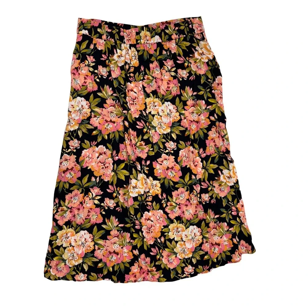 LOFT Floral Button Front Midi Skirt Black Pink Orange Botanical Print Size M - Picture 3 of 3